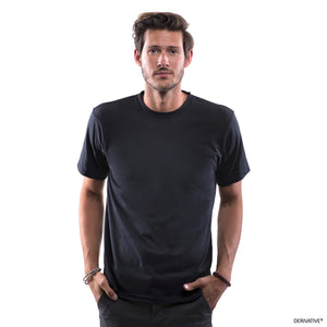 cameron kolbo in plain black t shirt from recycled plastic bottles