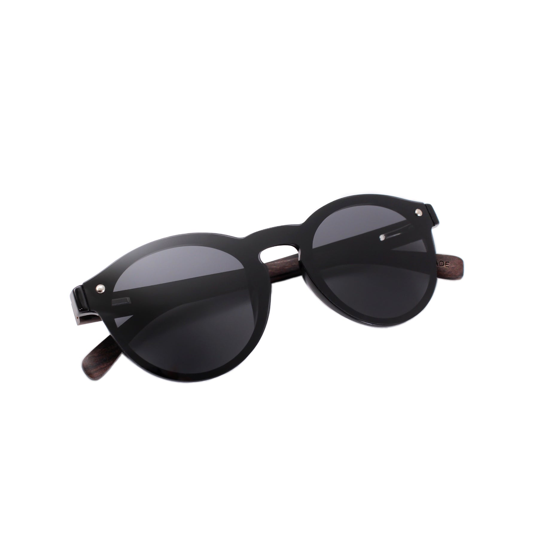 black polarized round rimless wood sunglasses