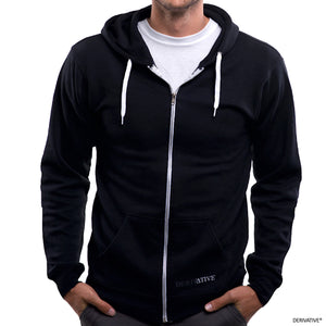 Derivative black zip hoodie for men & women, ethical eco friendly clothing companies & brands