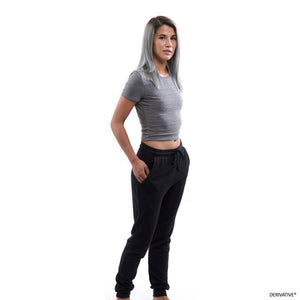 Shanley McIntee in derivative slim fit joggers, womens joggers made from recycled plastic bottles & organic cotton